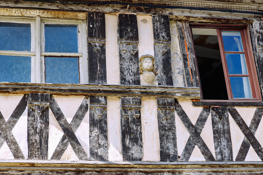  Half-timbered house on the street Rue Grande in Orbec in the Pays d&#39;Auge in the Calvados department in the Normandy region of France 