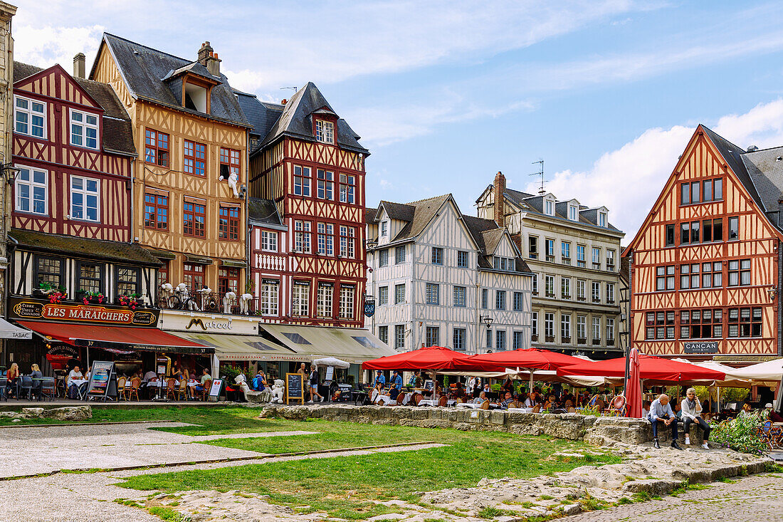  Place du Vieux Marché with remains of the destroyed church of Saint-Vincent and half-timbered houses in the old town of Rouen in the Seine-Maritime department in the Normandy region of France 