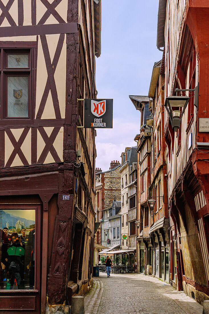  Rue de la Vicomté (Vicomte) with half-timbered houses in the old town of Rouen in the Seine-Maritime department in the Normandy region of France 