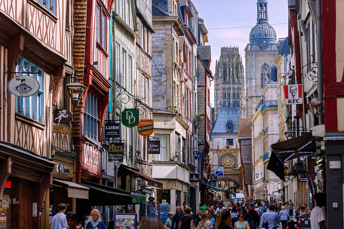  Rue du Gros-Horloge and Gros-Horloge clock tower in the old town of Rouen in the Seine-Maritime department in the Normandy region of France 