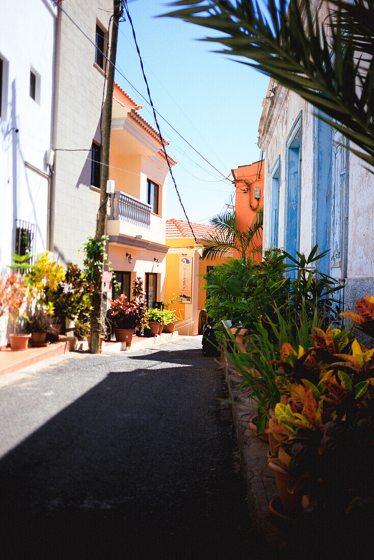 Die Hafenstadt Valle Gran Rey auf der kanarischen Insel La Gomera in der Mittagssonne