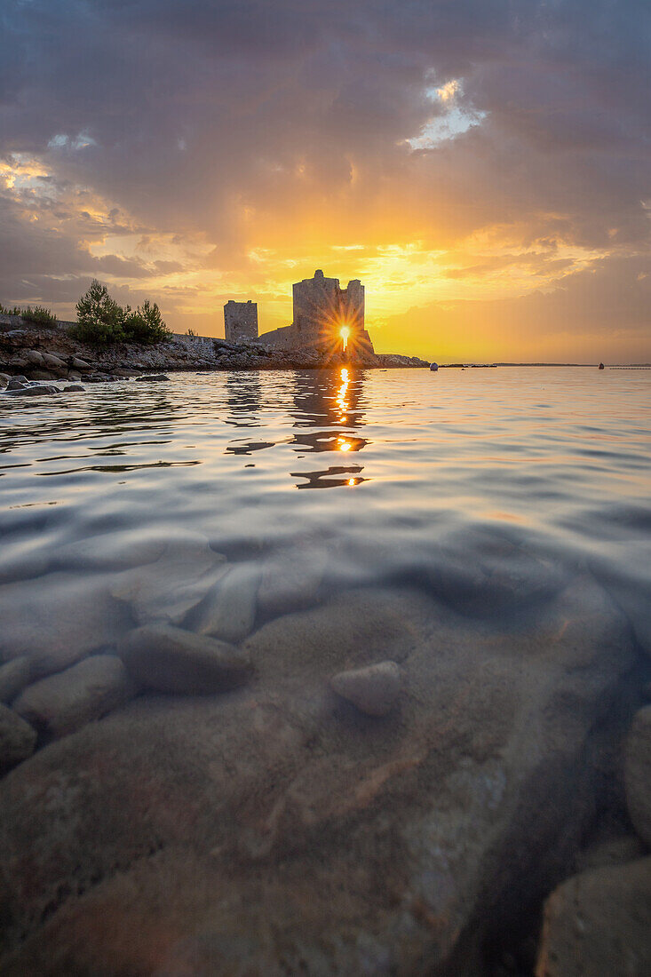  Kastelina Castle, Mediterranean bay with calm water at sunrise, Mediterranean landscape of Vir island, Zadar, Dalmatia, Croatia, Adriatic Sea 