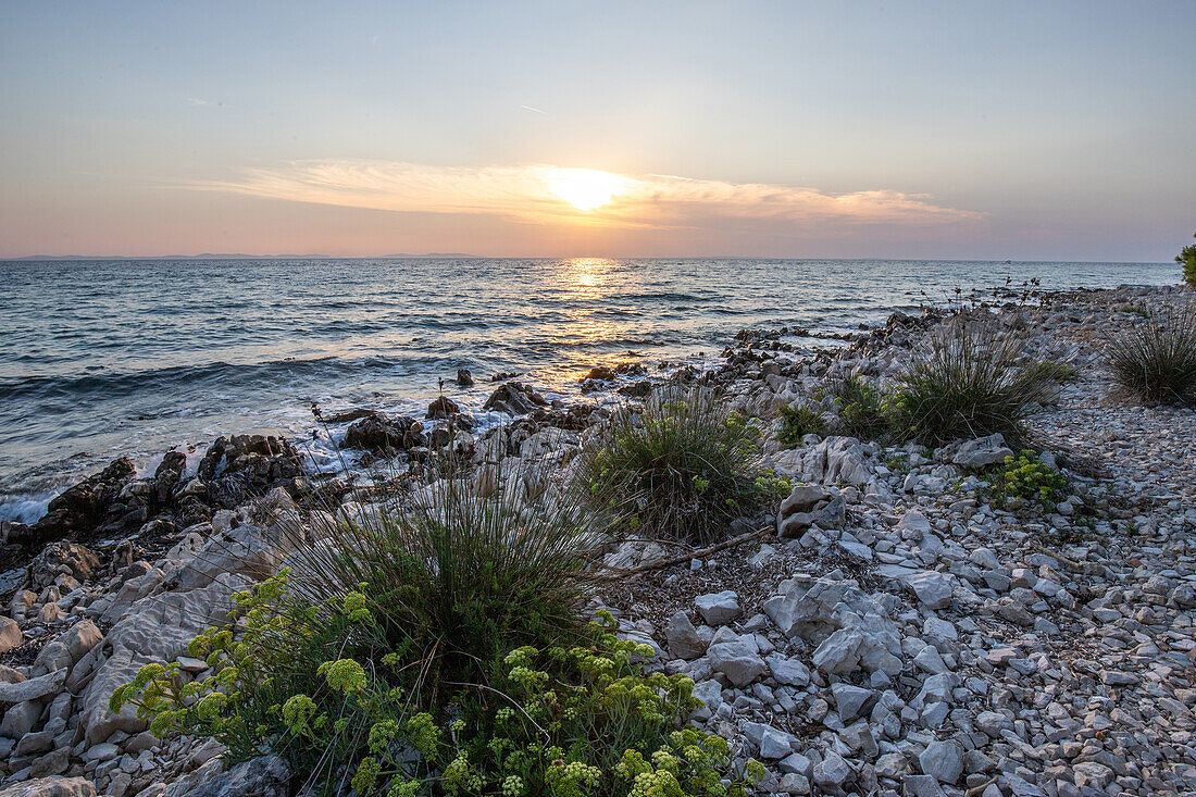 Insel Vir, Blick über die Küste in den Sonnenuntergang, Dalmatien, Kroatien, Adria, Mittelmeer