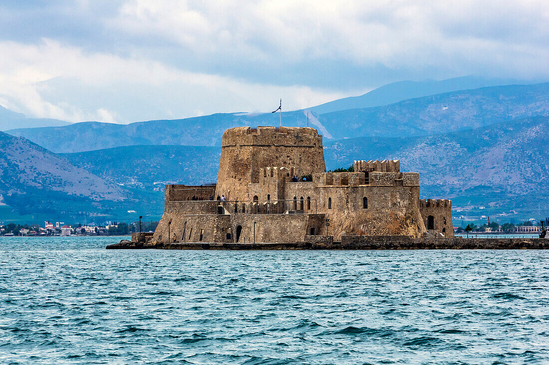  The fortress of Bourtzi in front of the city of Nafplio, Peloponnese, Greece 