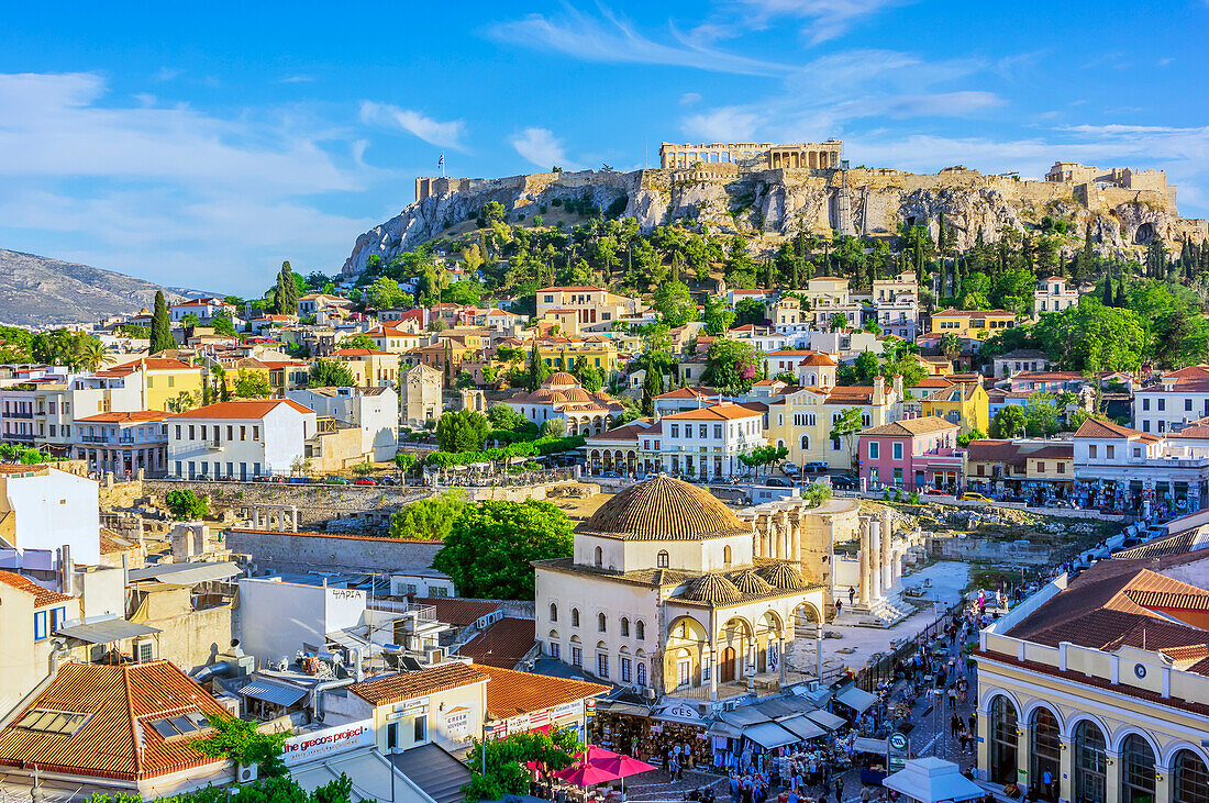  View of Byzantine church on Monastiraki Square, Acropolis in the background, Athens, Greece 