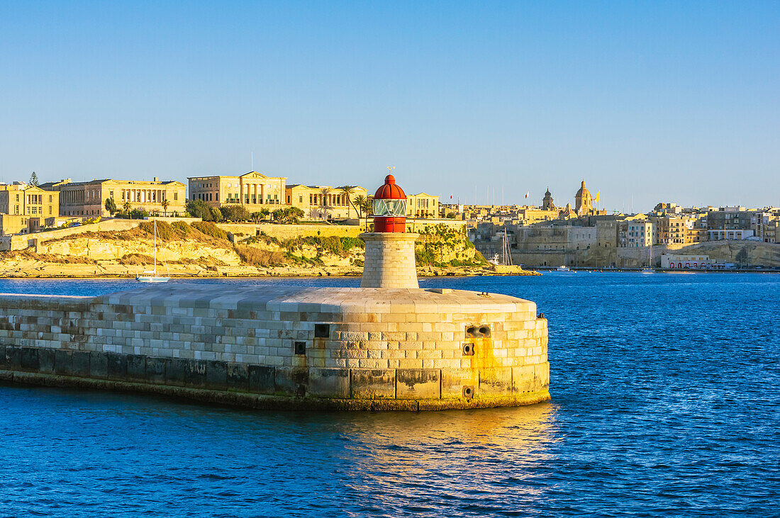  Exit of Valletta harbor with view of lighthouse and Fort Rikasol, Malta 