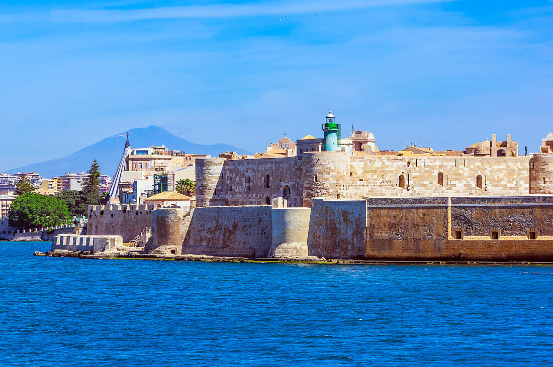  View of Syralus, Castello Maniace and volcano Etna, province of Syracuse, Italy, Sicily 