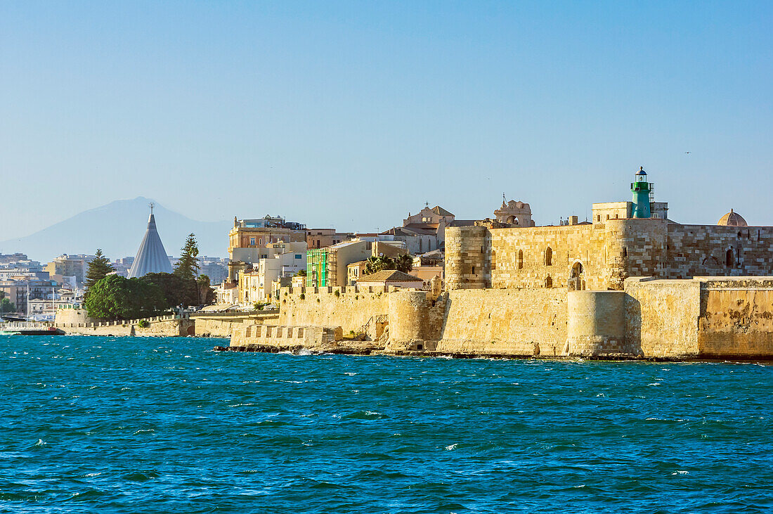  View of Syralus, Castello Maniace and volcano Etna, province of Syracuse, Italy, Sicily 