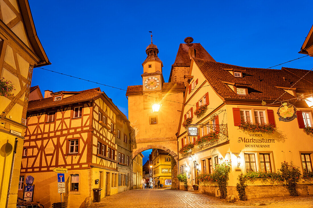  The Markusturm in Rothenburg ob der Tauber at dusk, Bavaria, Germany  