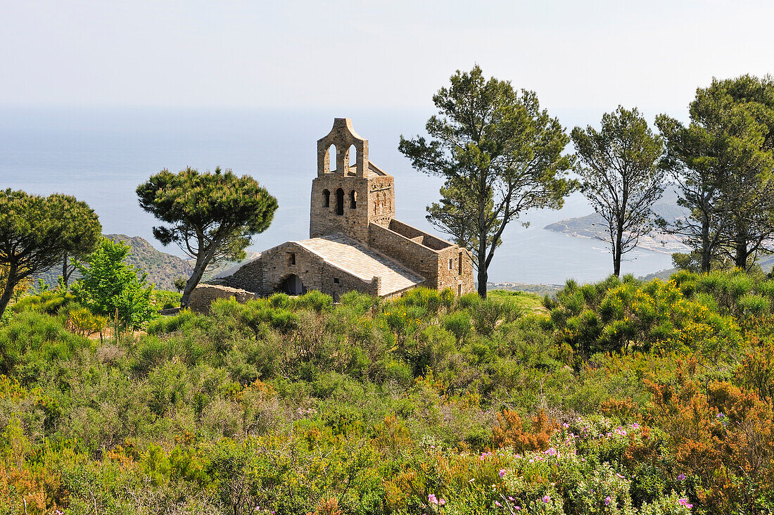 the Romanesque style church Santa Helena  near of the Monastery of Sant Pere de Rodes.Costa Brava,Catalonia,Spain,Europe