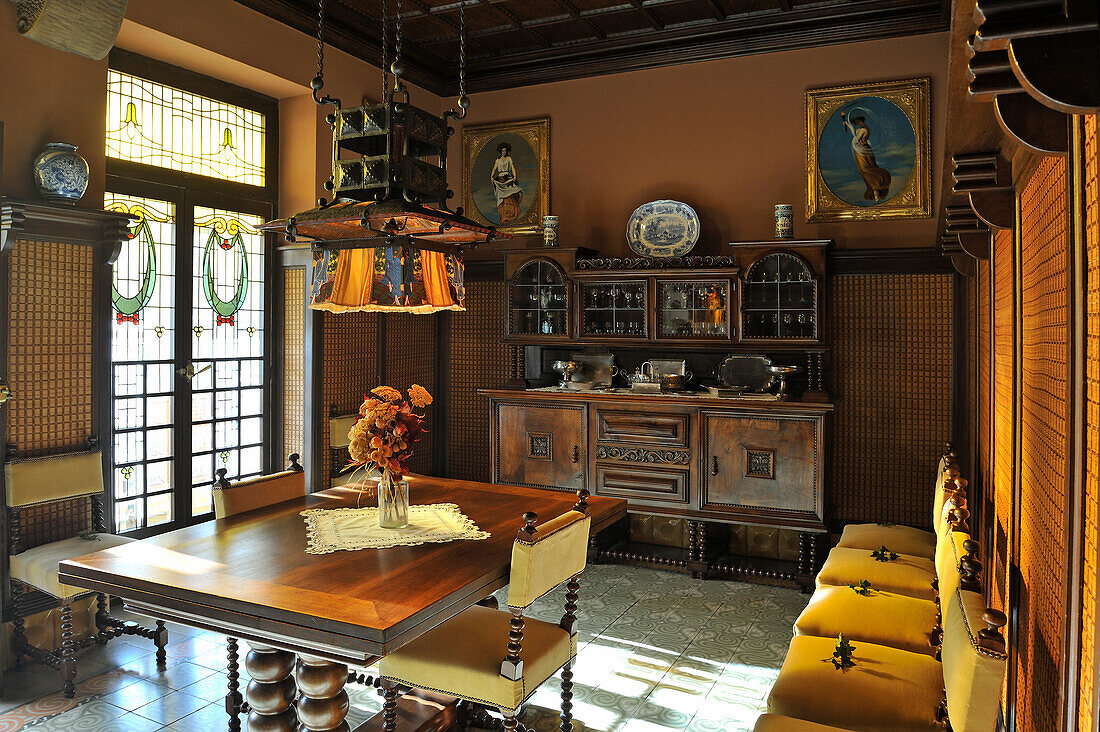 dining room of the Maso House, birthplace of the Catalan architect Rafael Masó (1880-1935), Girona, Catalonia, Spain,Europe