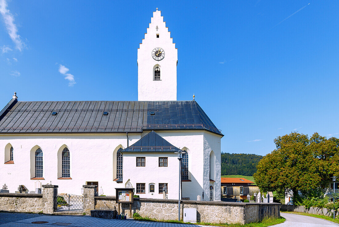  Roßholzen with Maypole and Church of St. Bartholomäus at Samerberg in Chiemgau in Upper Bavaria in Germany 