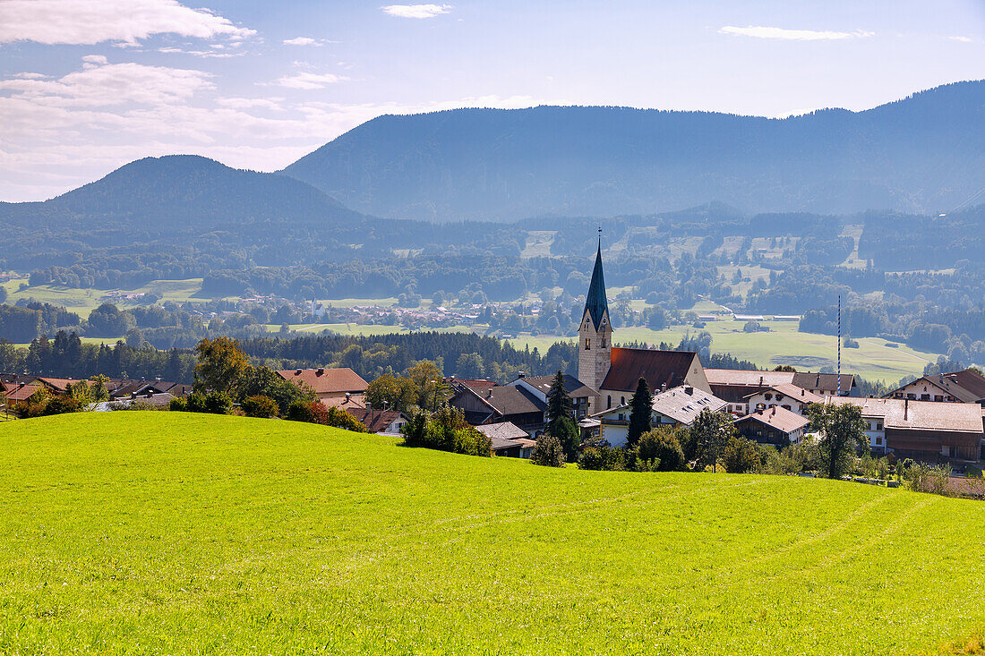  View from the Obereck viewpoint on Törwang am Samerberg in Chiemgau in Upper Bavaria in Germany 