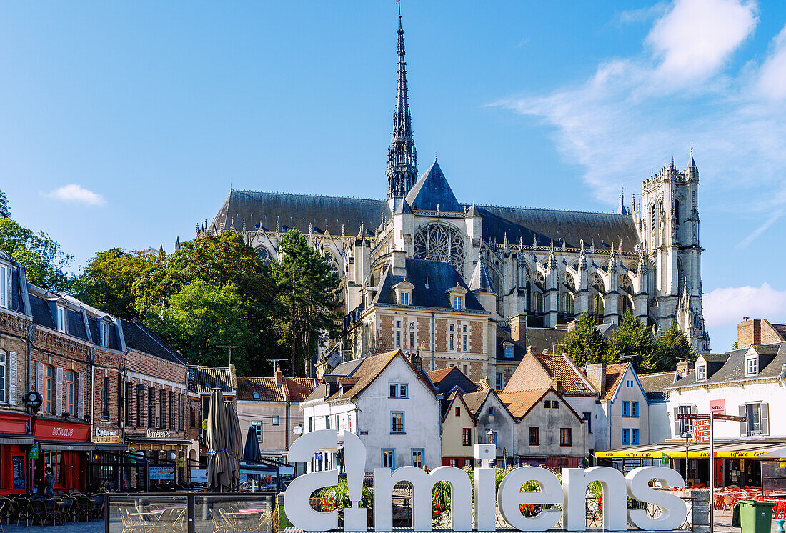  Cathédrale Notre-Dame and Place du Don with city name in 3D letters in Amiens in the Somme department in the Hauts-de-France region of France 