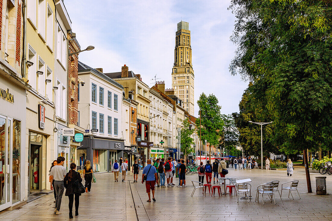  Pedestrian zone Rue Trois Cailloux and Place René Goblet with view from the residential tower Tour Perret by Auguste Perret in Amiens in the department of Somme in the region of Hauts-de-France in France 