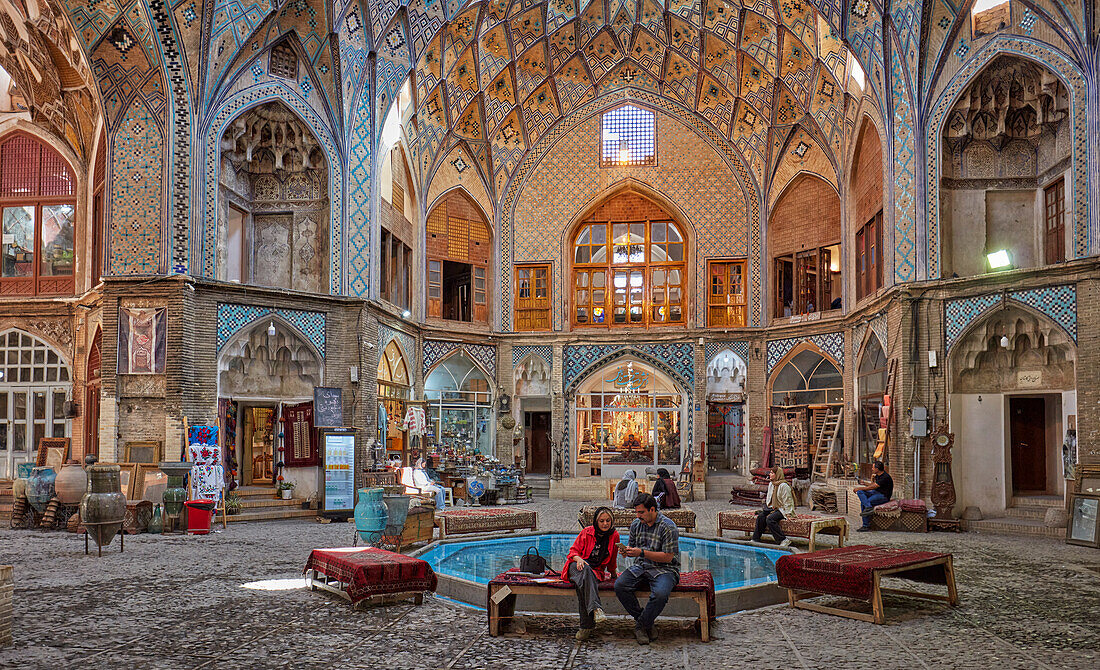 Interior view of the Aminoddole Caravanserai, historic structure in the Grand Bazaar of Kashan, Iran.