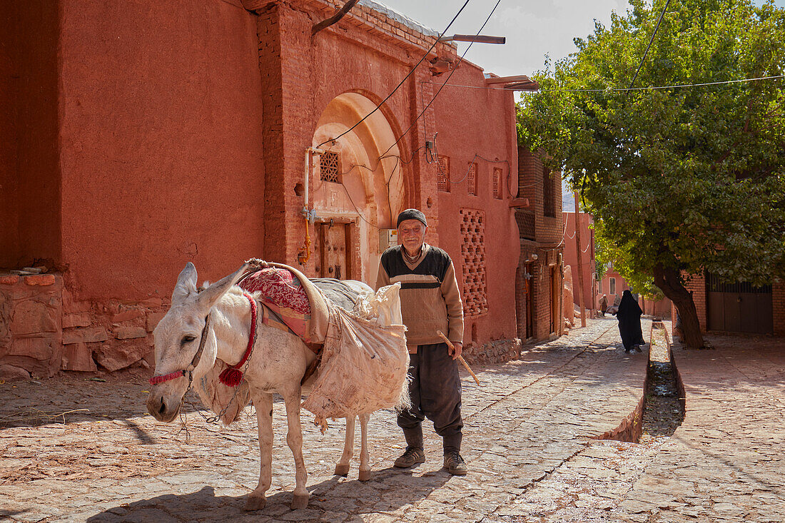 Porträt älterer Mann mit seinem weißen Esel in einer Gasse im historischen Dorf Abyaneh, Kreis Natanz, Iran.