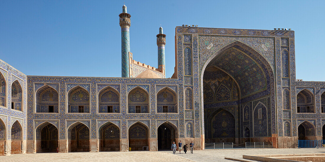 Panoramic courtyard view of the Shah Mosque (Masjed-e Shah) showing its highly elaborate tilework. Isfahan, Iran.