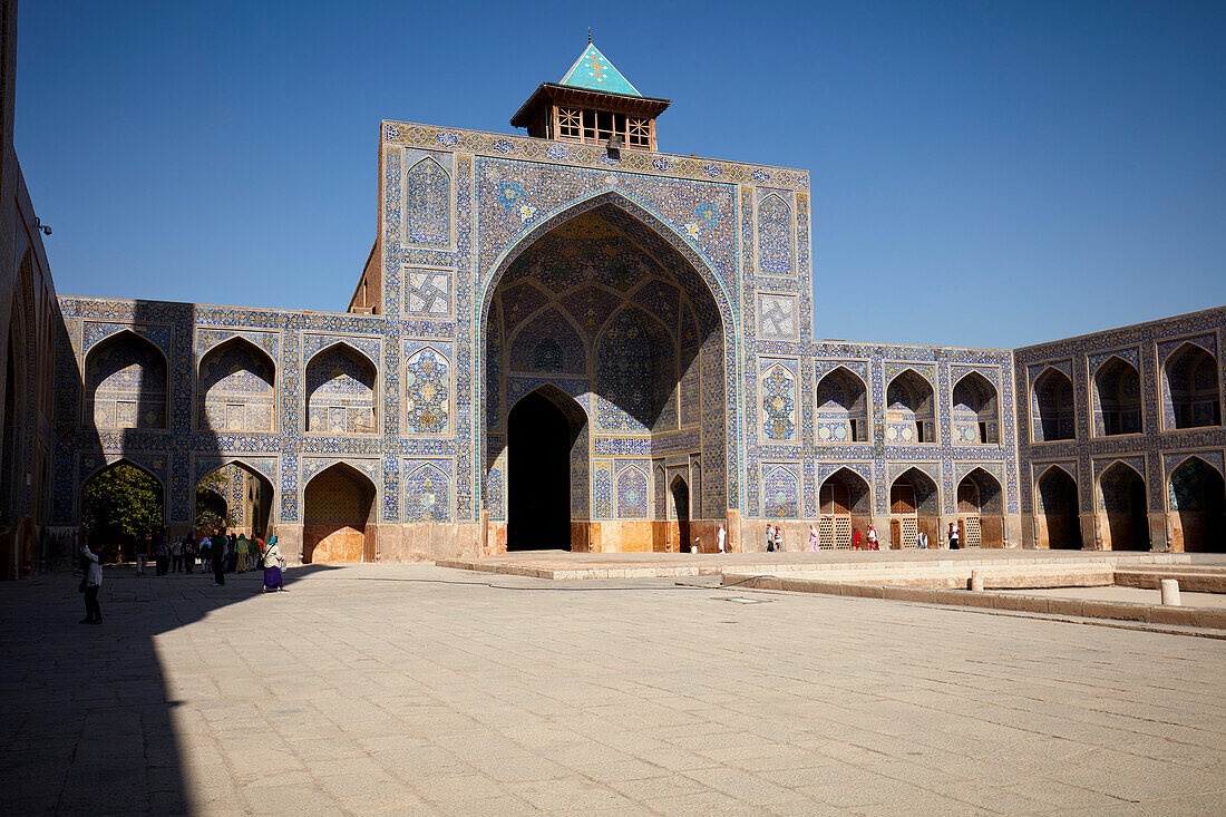 Courtyard view of the Shah Mosque (Masjed-e Shah) showing its highly elaborate tilework. Isfahan, Iran.