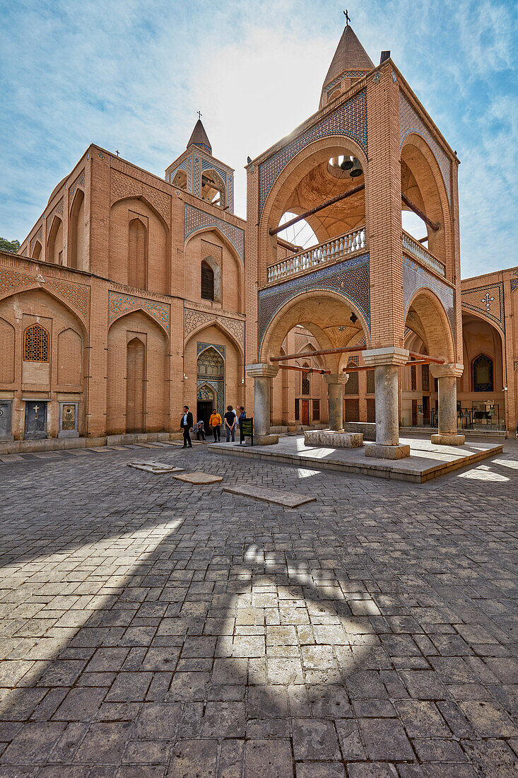 Exterior view of bell tower and facade of the 17th century Holy Savior Cathedral (Vank Cathedral) in the New Julfa, Armenian quarter of Isfahan, Iran.