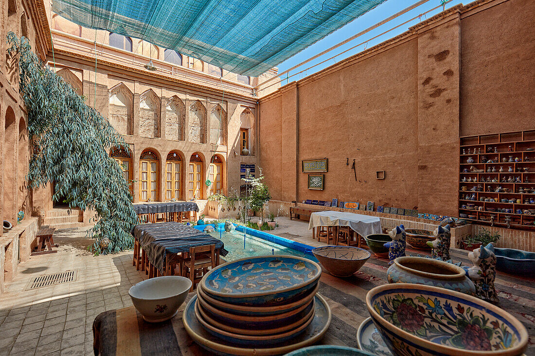 Courtyard view of the Rafiean's Old House, a 250-year old building in the Fahadan Neighborhood, which now houses the Yazd Tourist Library. Yazd, Iran.