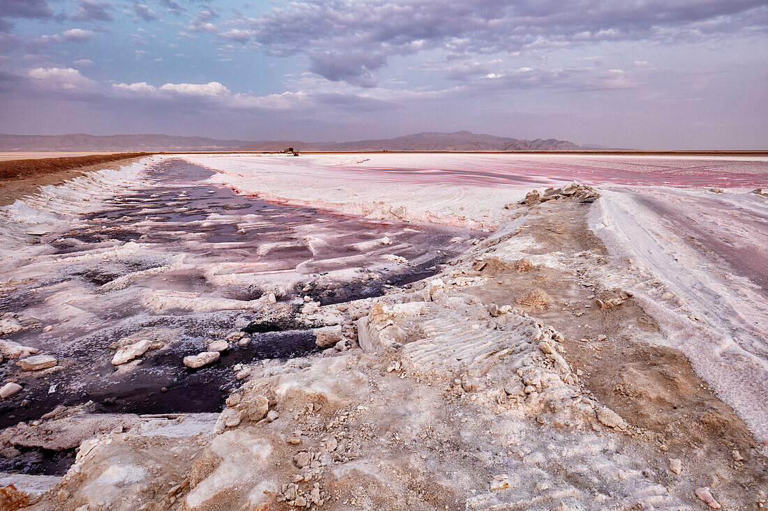 Dry bed of the Maharloo Lake, aka the Pink Lake, seasonal potassium rich salt lake, in winter season. Fars Province, Iran.