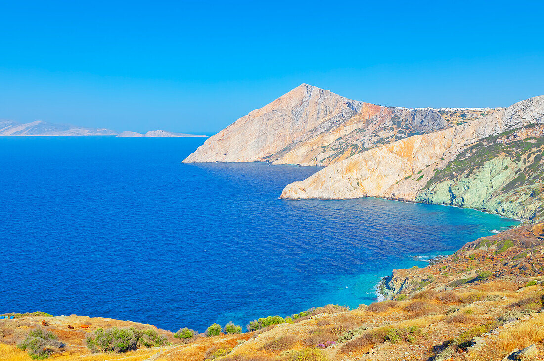 View of Folegandros Island multicolored rocks coastline, Chora, Folegandros Island, Cyclades Islands, Greece