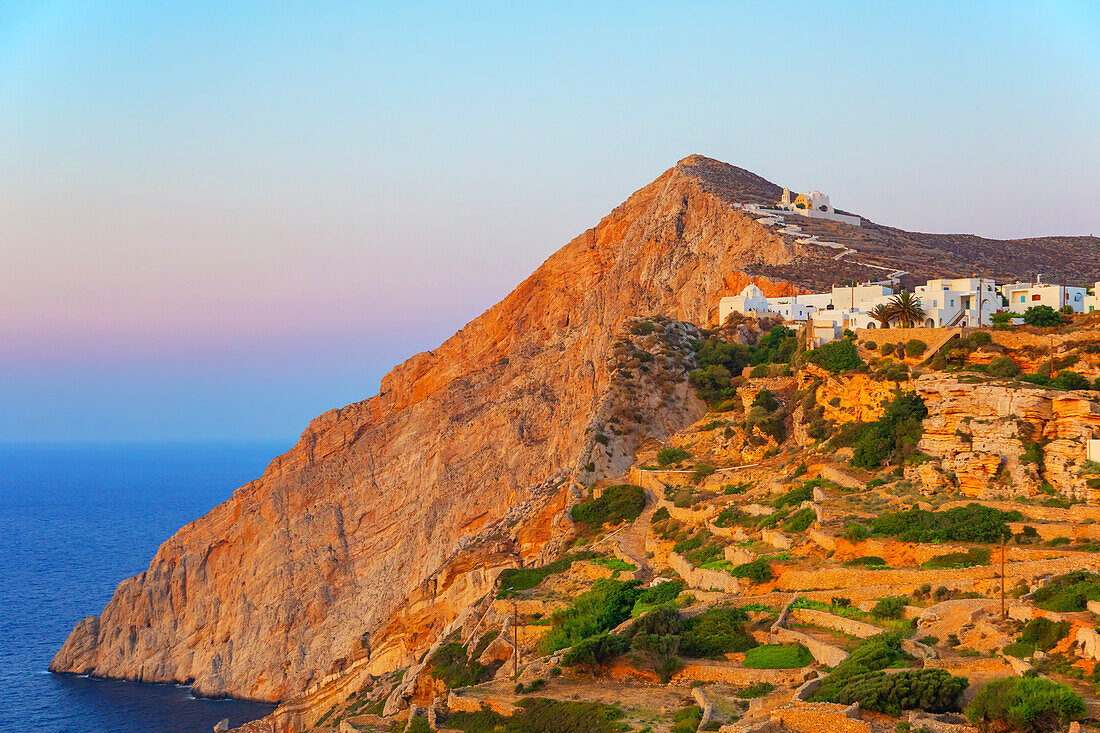 View of Chora village built on a cliff above the sea, Chora, Folegandros Island, Cyclades Islands, Greece