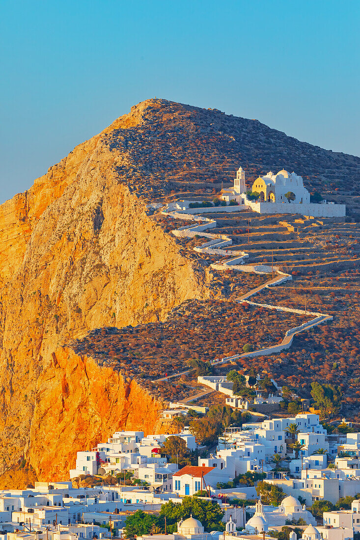 View of Chora village built on a cliff above the sea, Chora, Folegandros Island, Cyclades Islands, Greece