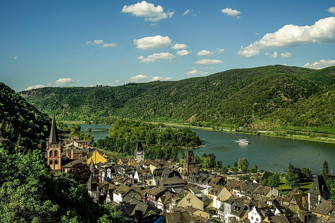  Old town of Bacharach, the Rhine island Bacharacher Werth and the Rhine Valley, Upper Middle Rhine Valley, Rhineland-Palatinate, Germany 