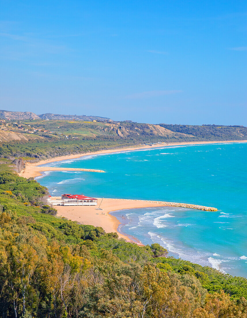  Strand von Eraclea Minoa, erhöhte Ansicht, Cattolica Eraclea, Bezirk Agrigento, Sizilien, Italien 