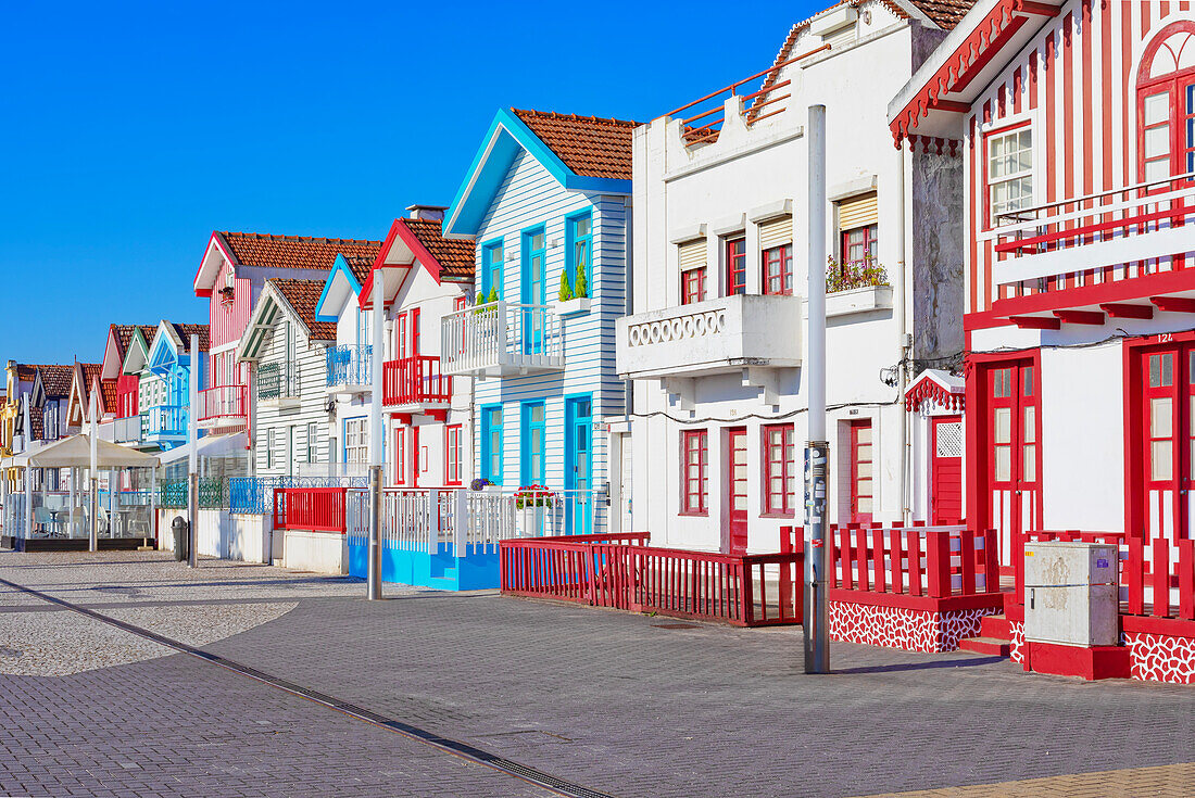 Brightly painted beach homes, Costa Nova do Prado, Aveiro, Portugal