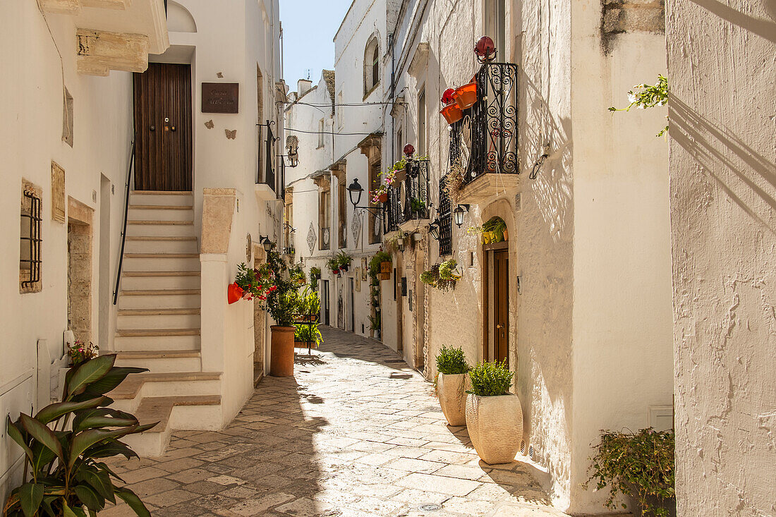 Charming narrow streets of Locorotondo, Puglia, Italy.