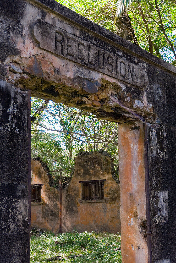 ruined cells of penal colony on Ile Saint-Joseph,Iles du Salut (Islands of Salvation),French Guiana,overseas department and region of France,Atlantic coast of South America