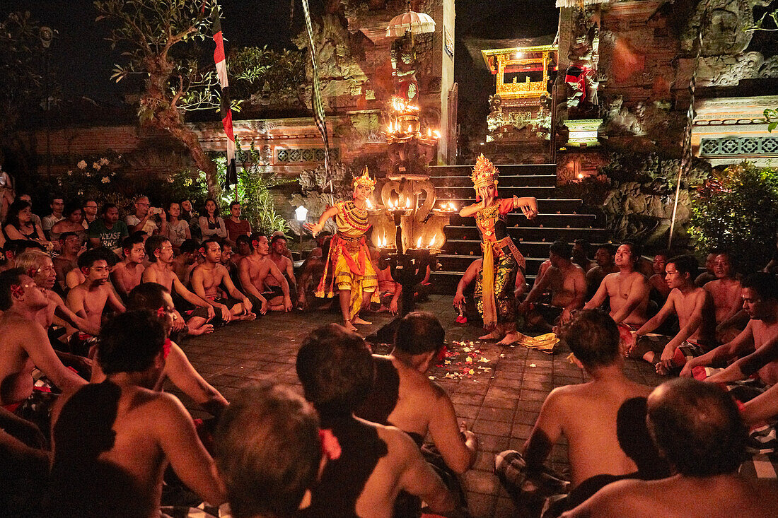 A scene from traditional Balinese Kecak dance performance at the Pura Puseh temple. Ubud, Bali, Indonesia.