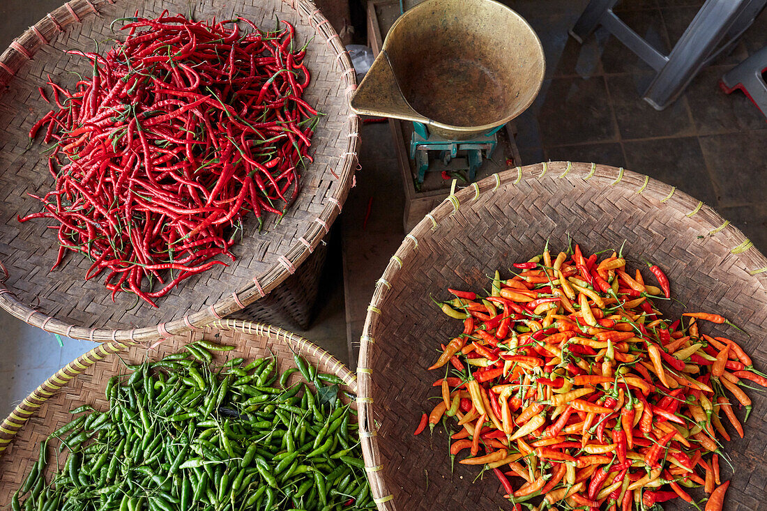 A selection of chili peppers displayed for sale at Beringharjo Market (Pasar Beringharjo). Yogyakarta, Java, Indonesia.