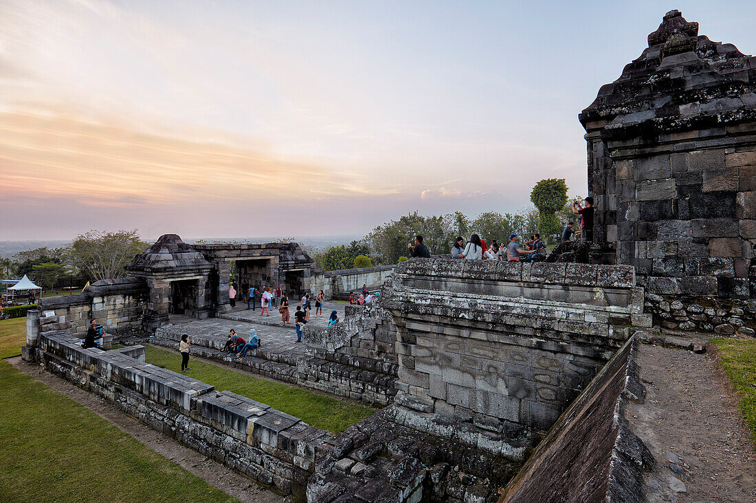 General view of the main gate of Ratu Boko Palace compound at sunset. Special Region of Yogyakarta, Java, Indonesia.