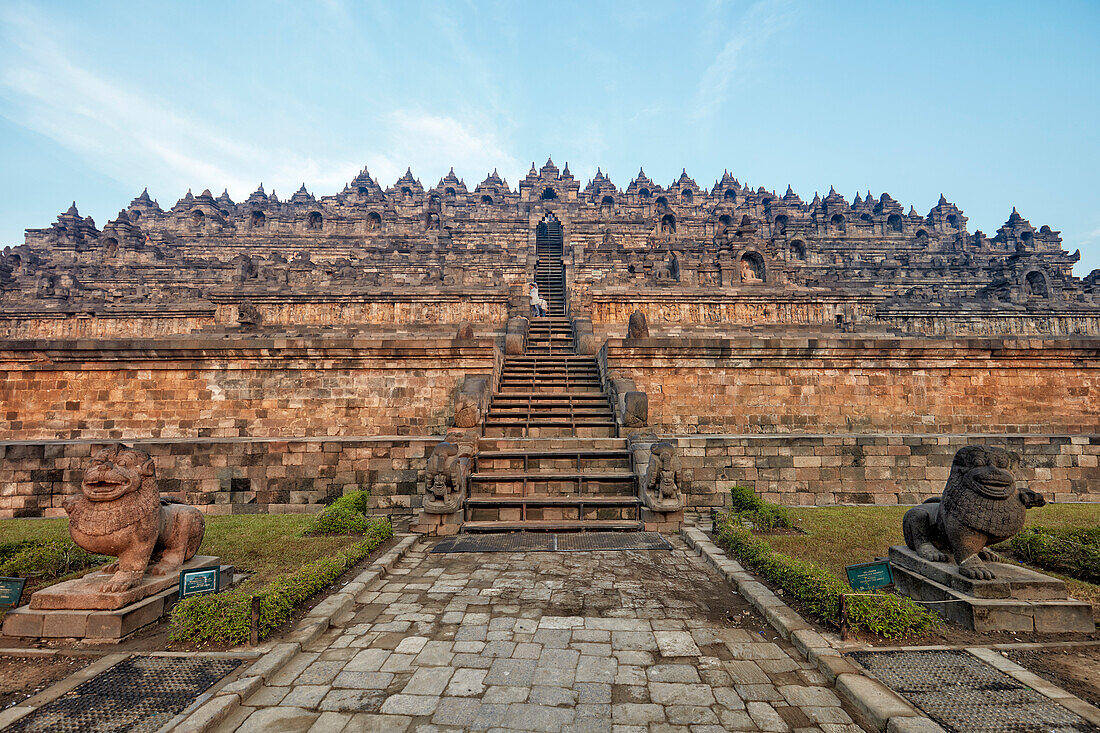 Exterior view of the Borobudur, 9th-century Mahayana Buddhist temple. Magelang Regency, Java, Indonesia.