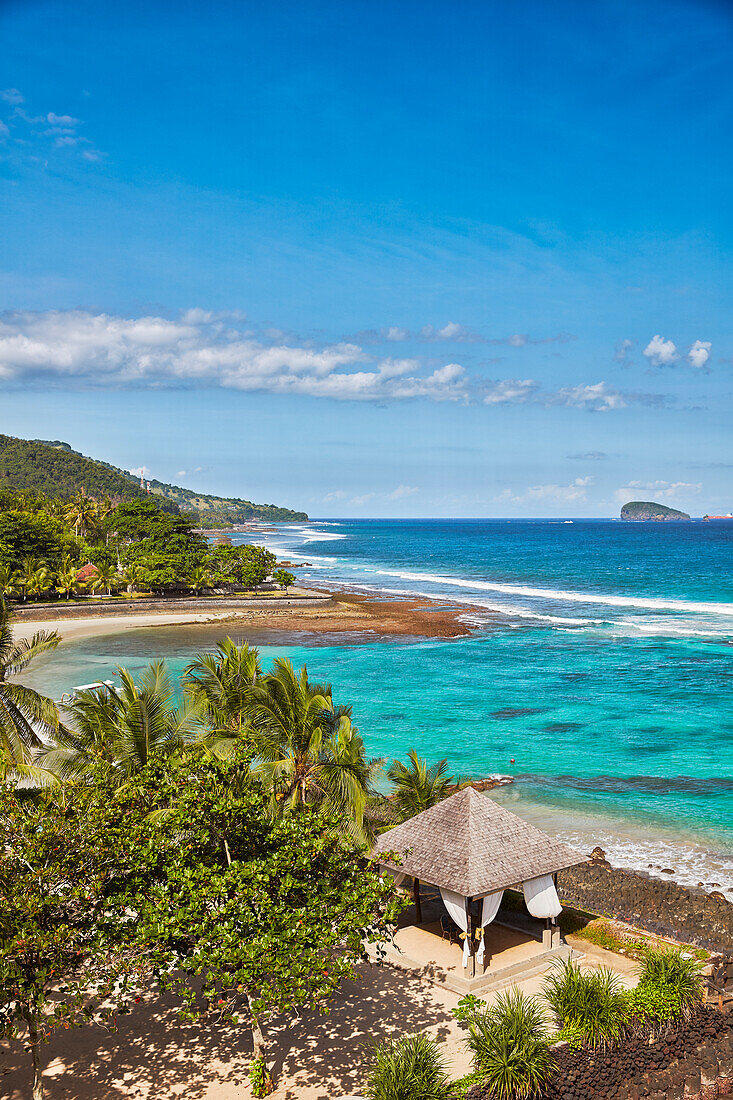 Aerial view of the Sengkidu Beach near Candidasa village. Manggis subdistrict, Karangasem regency, Bali, Indonesia.