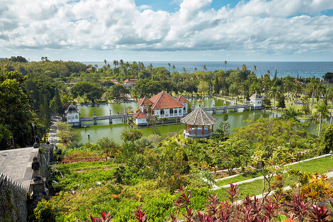 Elevated view of the Ujung Water Palace (Taman Ujung), also known as Sukasada Park. Karangasem Regency, Bali, Indonesia.