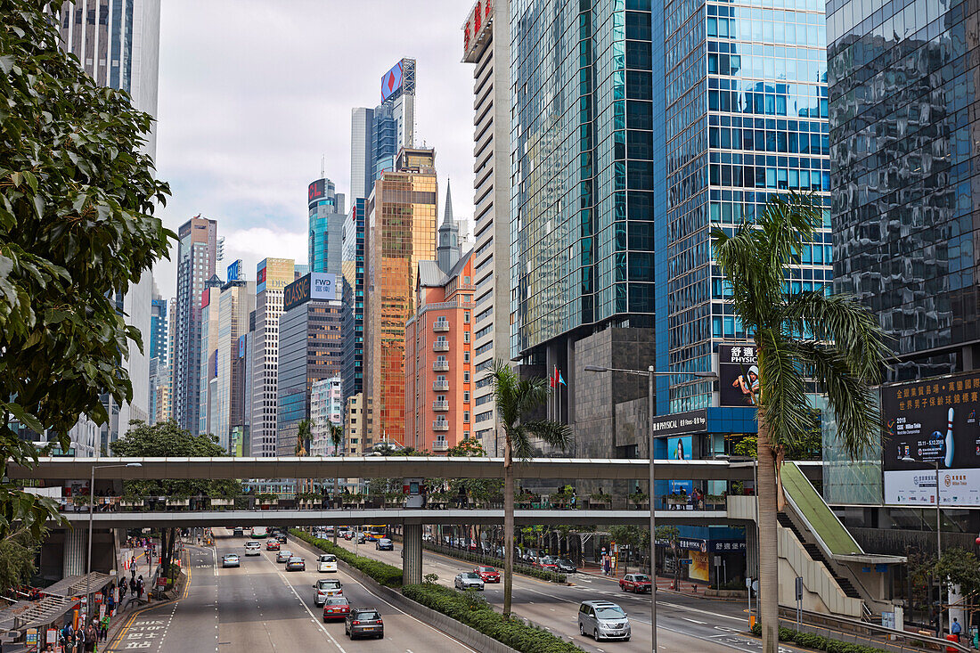 Modern high-rise buildings on the Gloucester Road. Wan Chai, Hong Kong, China.