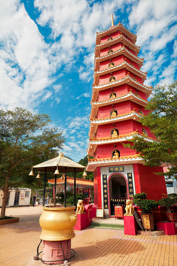 Nine-storey Man Fat Sze pagoda at the Ten Thousand Buddhas Monastery. Sha Tin, New Territories, Hong Kong, China.