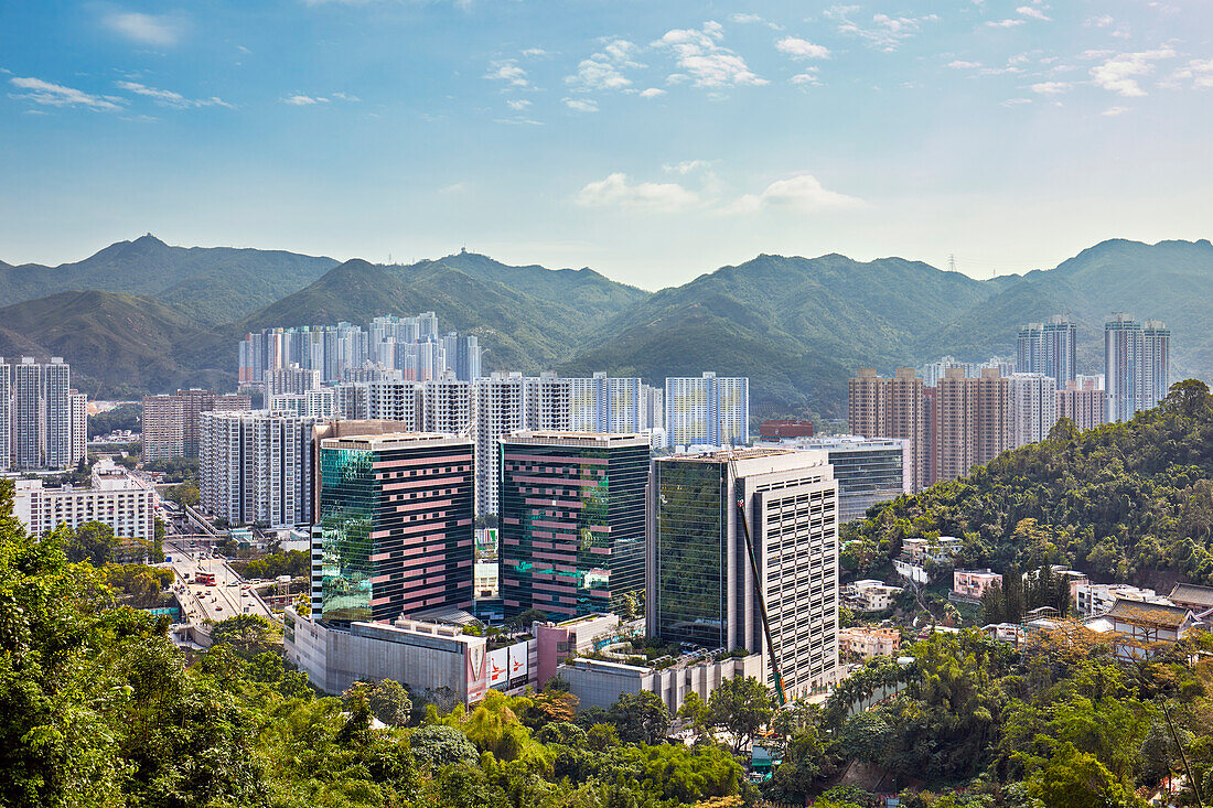 View of Sha Tin from top level of the Ten Thousand Buddhas Monastery (Man Fat Sze). New Territories, Hong Kong, China.