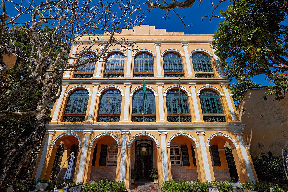 Facade of the historic colonial mansion now housing Sir Robert Ho Tung Library. Macau, China.