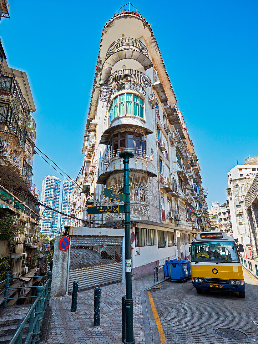 Residential buildings with balconies in the historic centre of Macau city, China.