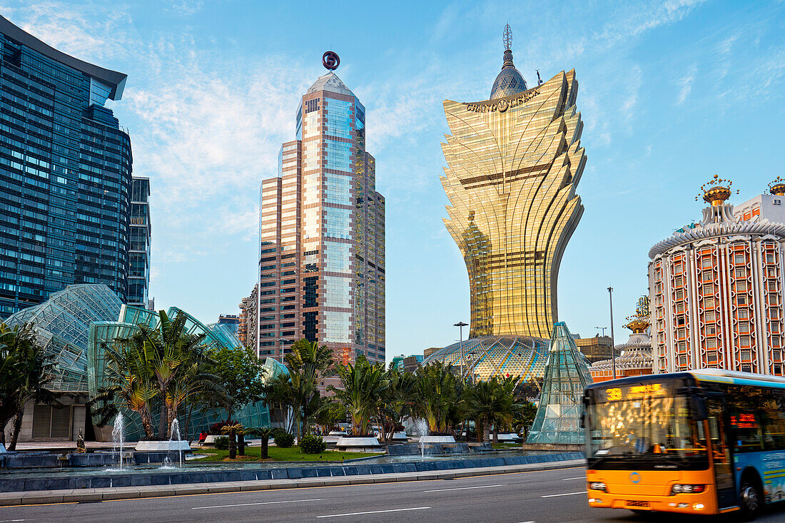 Exterior view of the modern high-rise buildings around the Ferreira do Amaral Plaza. Macau, China.