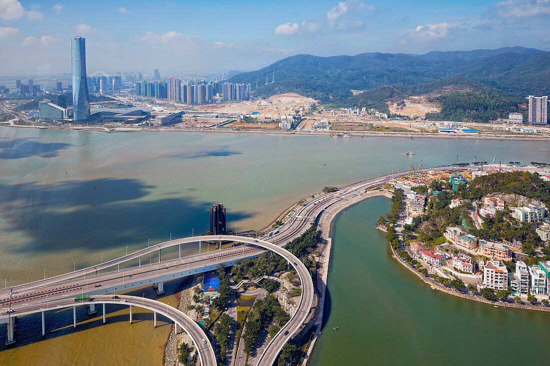 Aerial view of the highway connecting Macau Peninsula and Taipa Island. Macau, China.