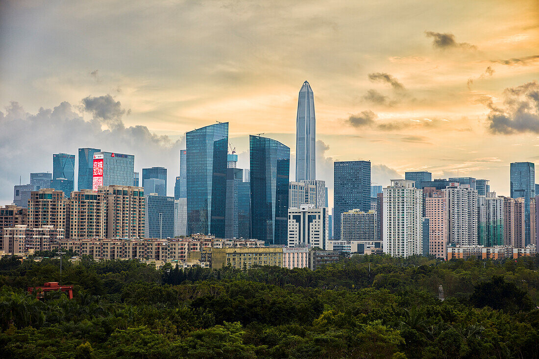  Hochhäuser im Bezirk Futian. Shenzhen, Provinz Guangdong, China. 