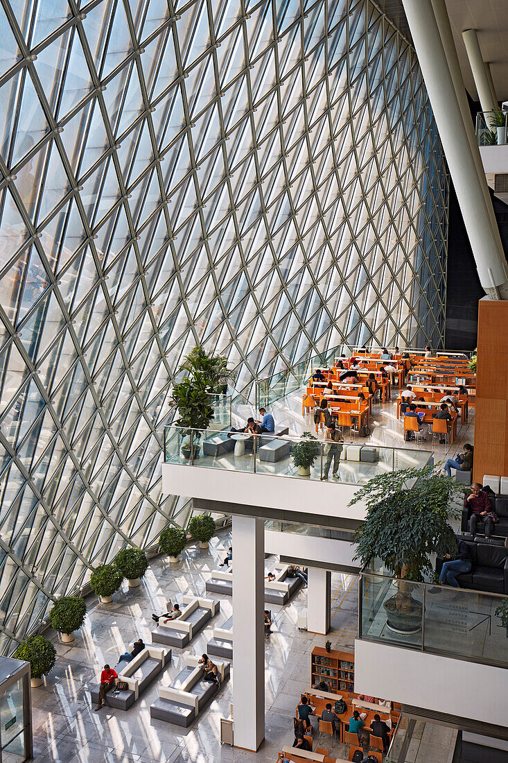 Interior view of the Shenzhen Library at Shenzhen Cultural Center. Shenzhen, Guangdong Province, China.