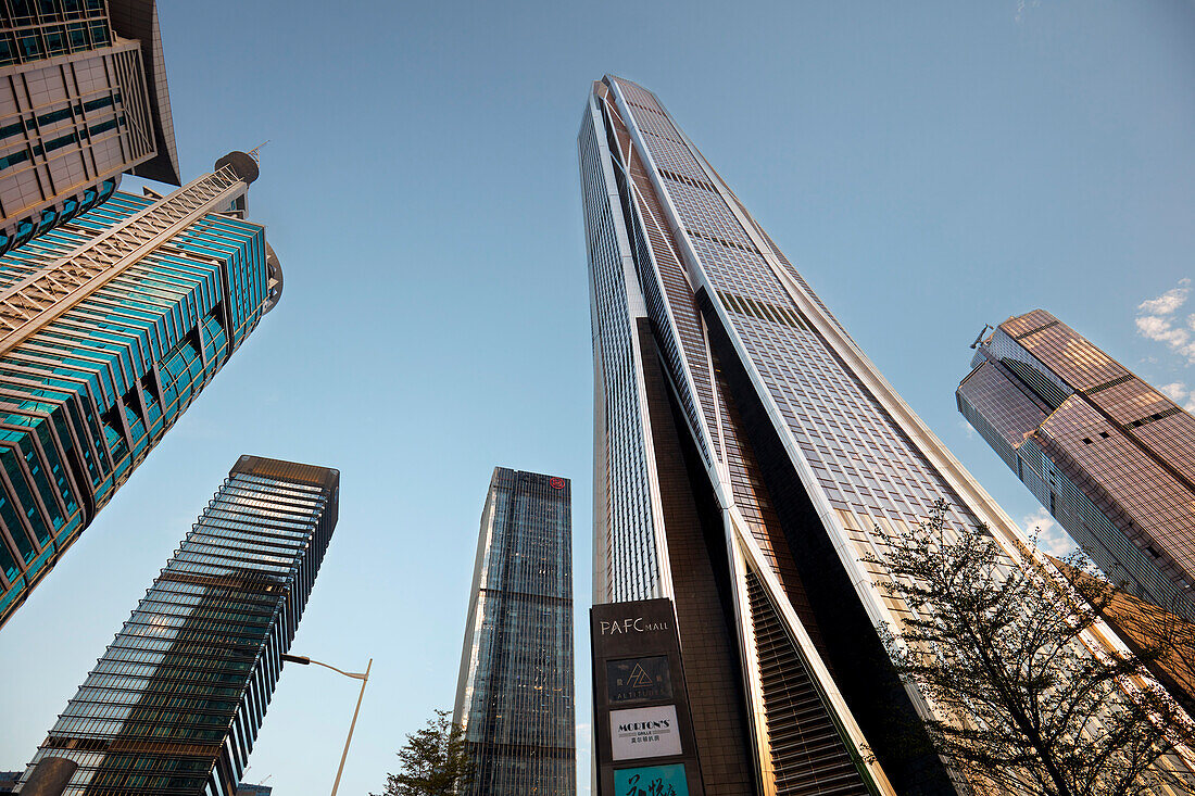 A view from below of the skyscrapers in Futian Central Business District. Shenzhen, Guangdong Province, China.